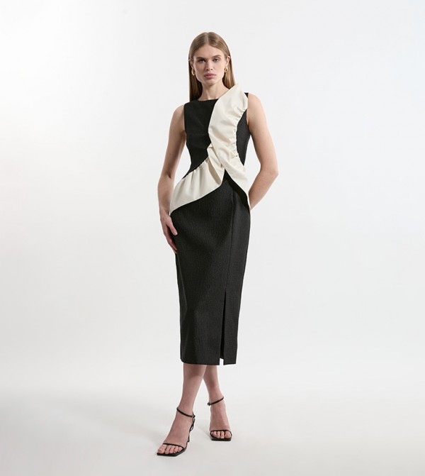 Petite Textured Tailored Contrast Taffeta Ruffle Midi Dress