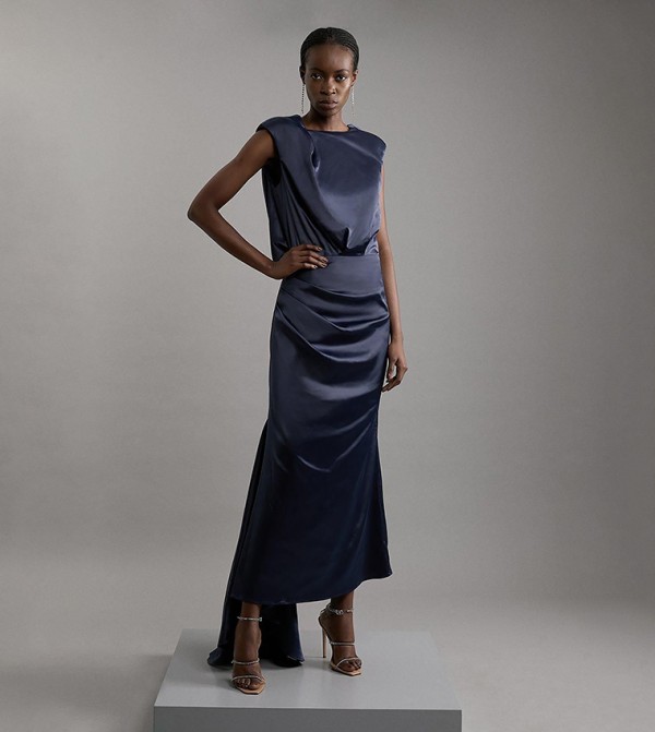 Sleeveless Satin Drape Woven Midi Dress