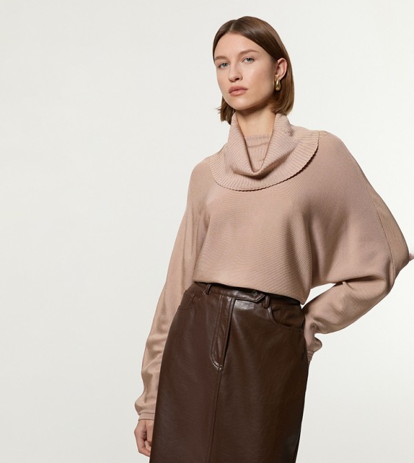Polished Slinky Knit Oversized Roll Neck Top
