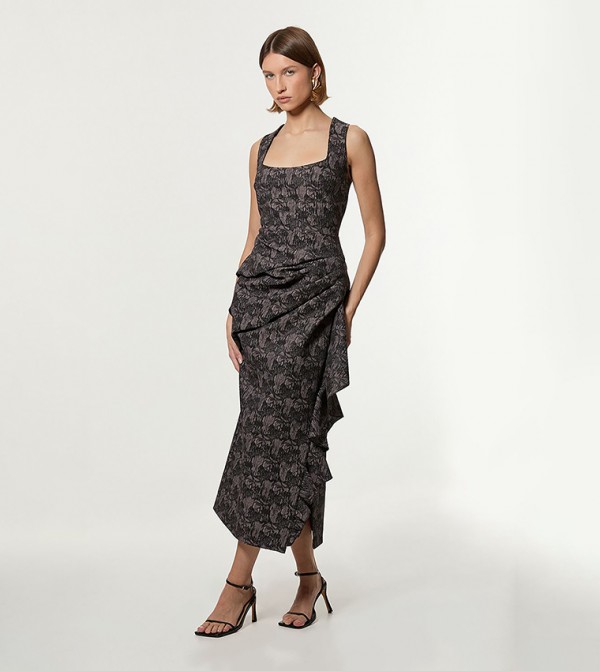 Petite Jacquard Ruffle Strappy Tailored Midi Dress