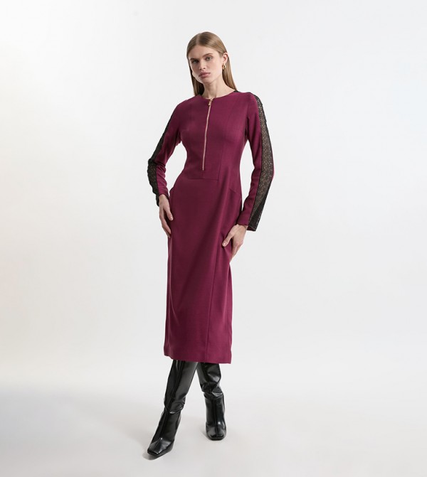 Tailored Twill Lace Mix Zip Front Midi Dress