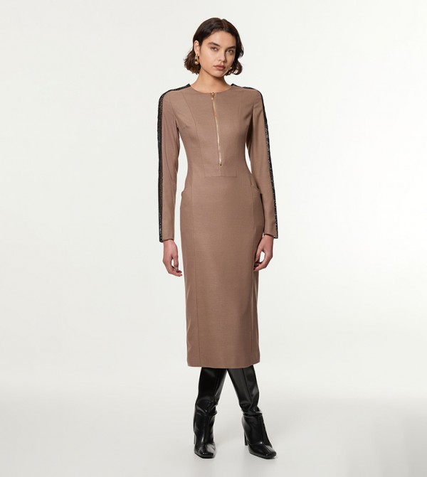 Tailored Twill Lace Mix Zip Front Midi Dress