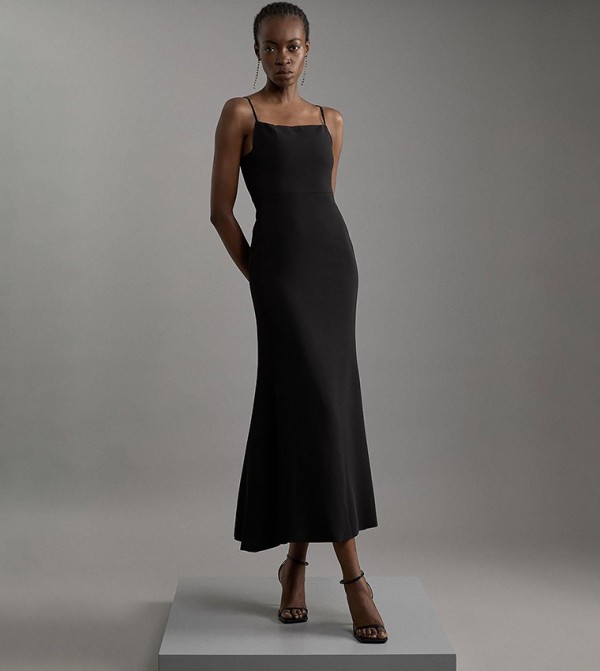 Compact Stretch Viscose Tailored Square Neck Midaxi Dress