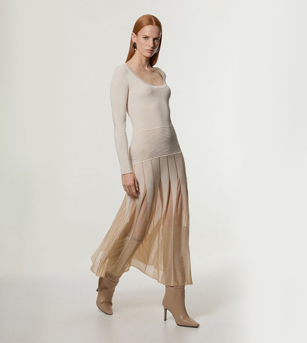 Slinky Knit Scooped Neck Sheer Detail Maxi Dress