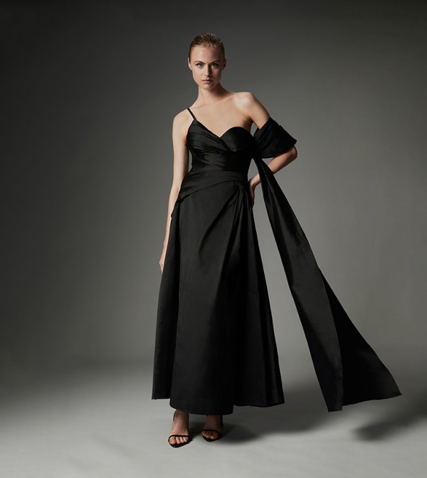 Taffeta Draped Shoulder Maxi Prom Dress