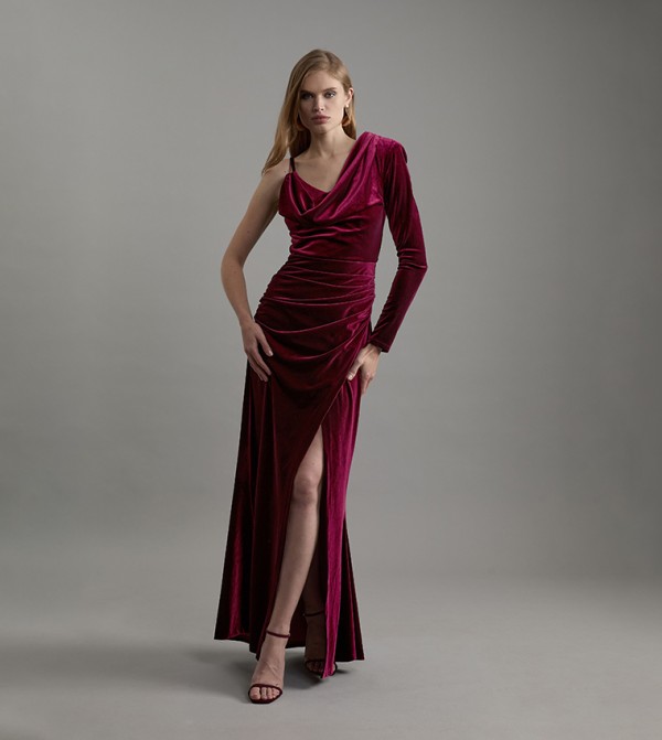 Petite Velvet Asymmetric One Shoulder Maxi Dress