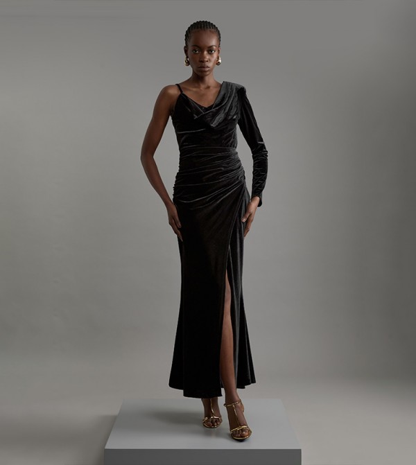 Velvet Asymmetric One Shoulder Tailored Maxi Dress