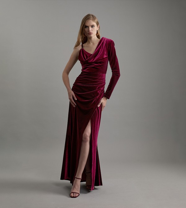 Velvet Asymmetric One Shoulder Tailored Maxi Dress