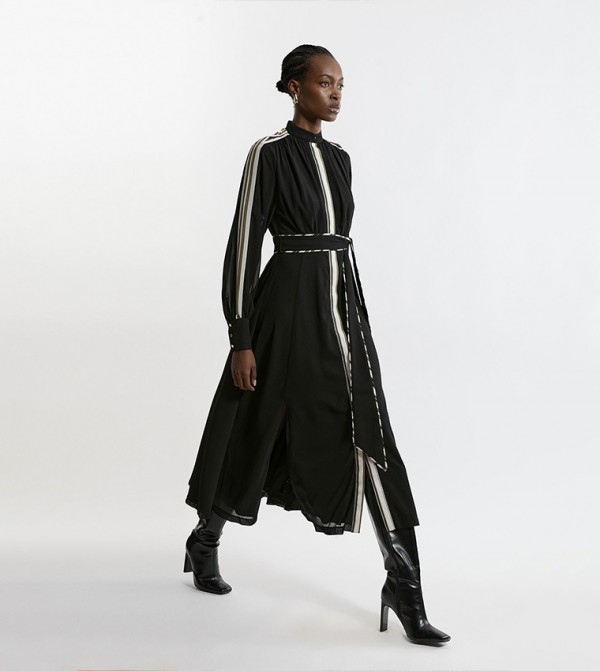 Military Mono Striped Balloon Sleeves Maxi Dress