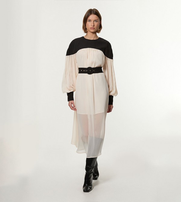 Twill Balloon Sleeves Woven Midi Dress