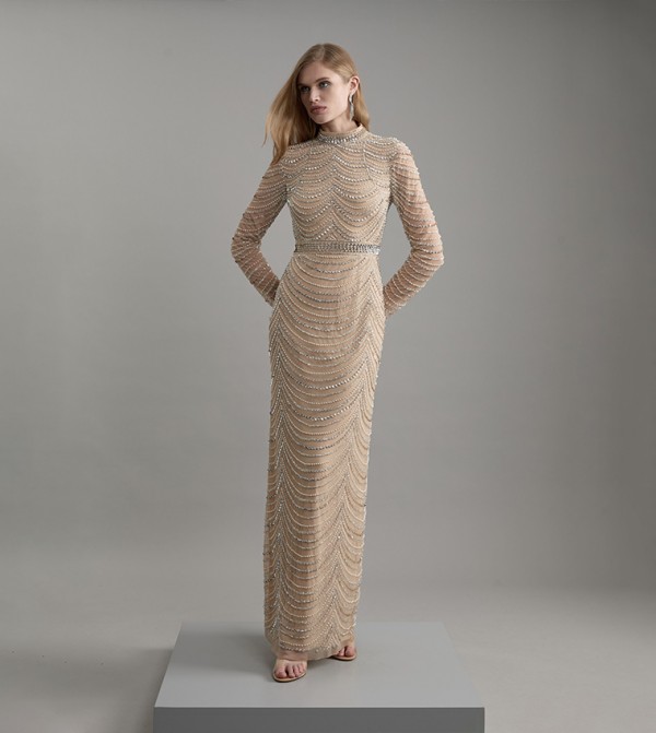 Embellished Woven Long Sleeves Maxi Dress