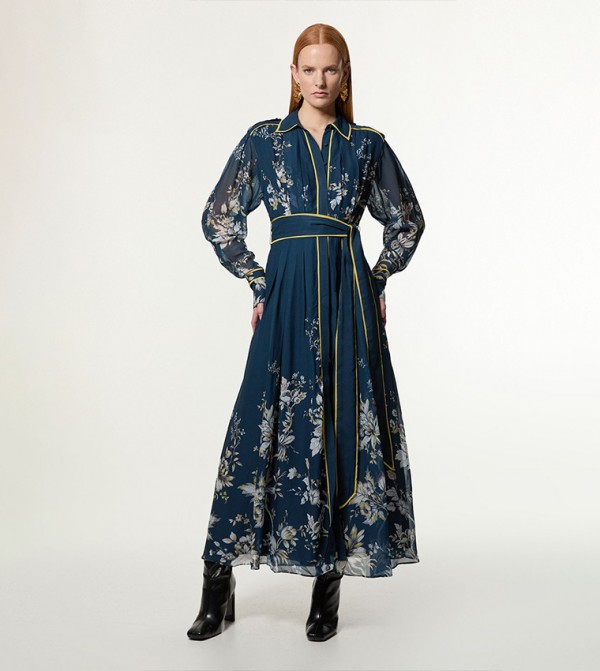 Printed Woven Balloon Sleeves Shirt Maxi Dress