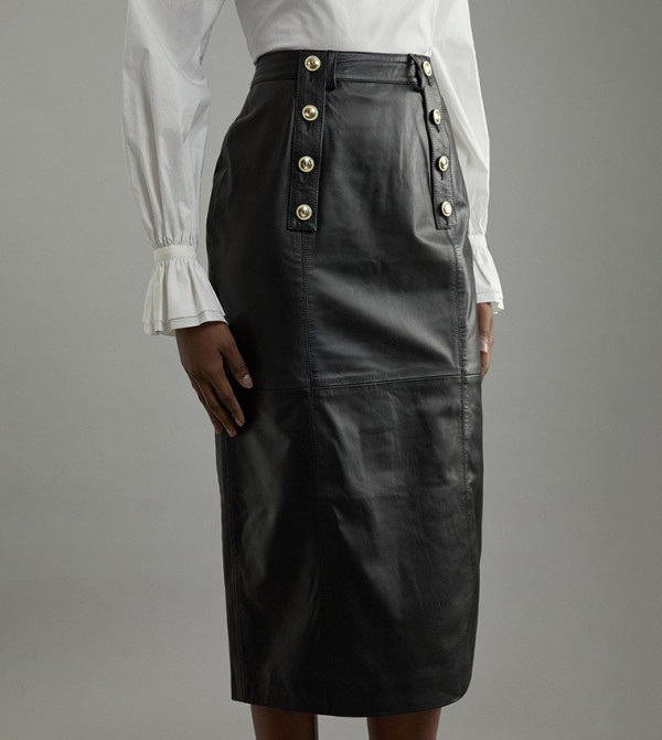 Leather Military Pencil Midi Skirt