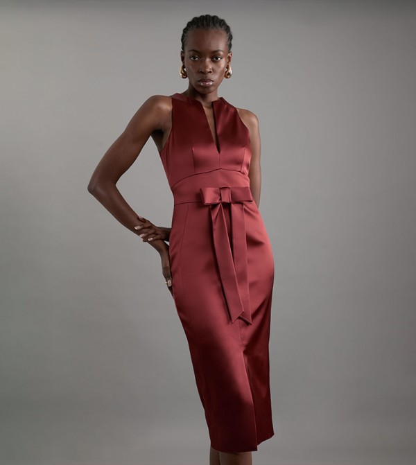 Italian Structured Satin Bow Detail Tailored Midi Dress