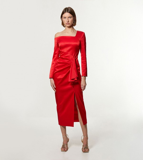 Petite Ribbed Asymmetric Neck Ruched Maxi Dress