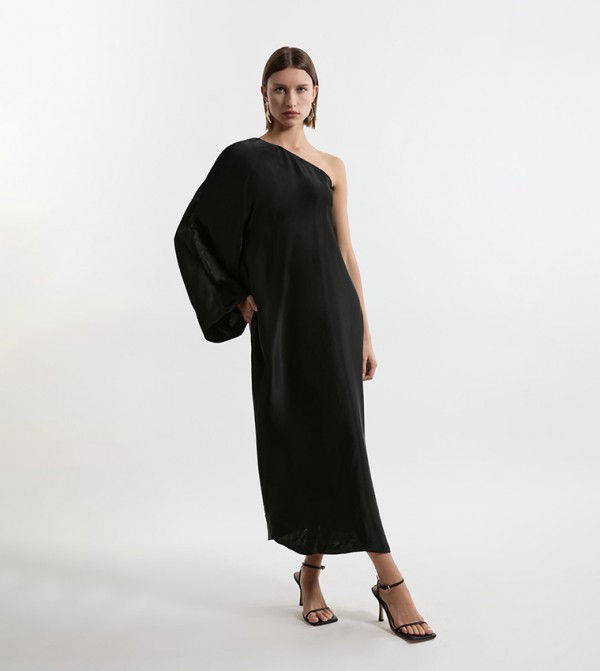One Shoulder Draped Satin Woven Midaxi Dress