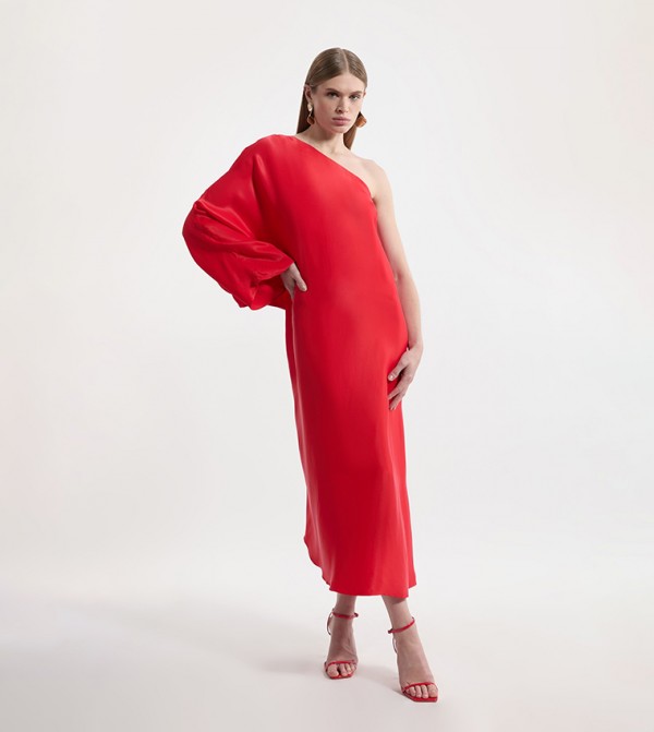 One Shoulder Draped Satin Midaxi Dress
