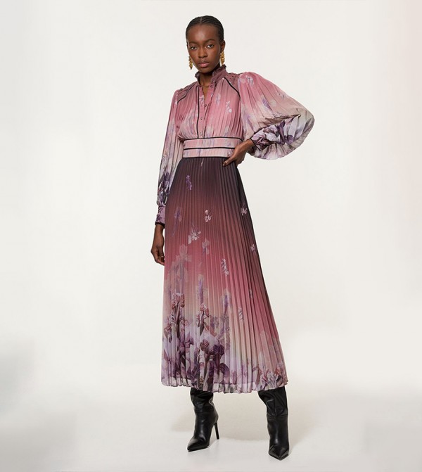Crinkle Pleat Border Floral Printed Maxi Dress
