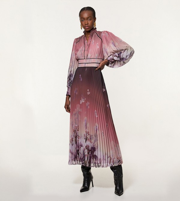 Tall Crinkle Pleat Border Floral Printed Woven Maxi Dress
