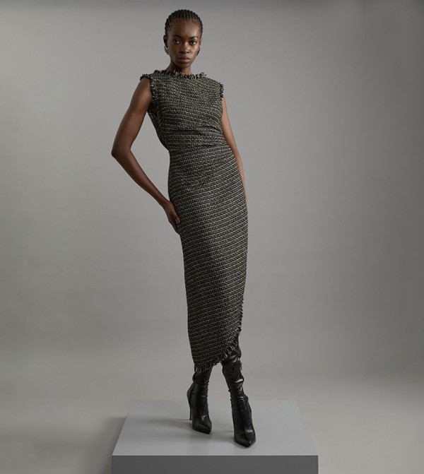 Metallic Boucle Tailored Ruched Midi Dress