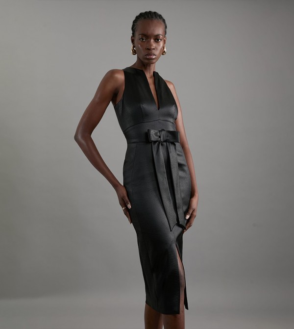 Petite Italian Structured Satin Tailored Midi Dress
