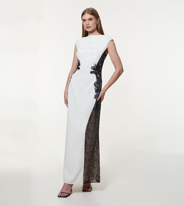 Lace Appliqued Contrast Sleeveless Tailored Maxi Dress