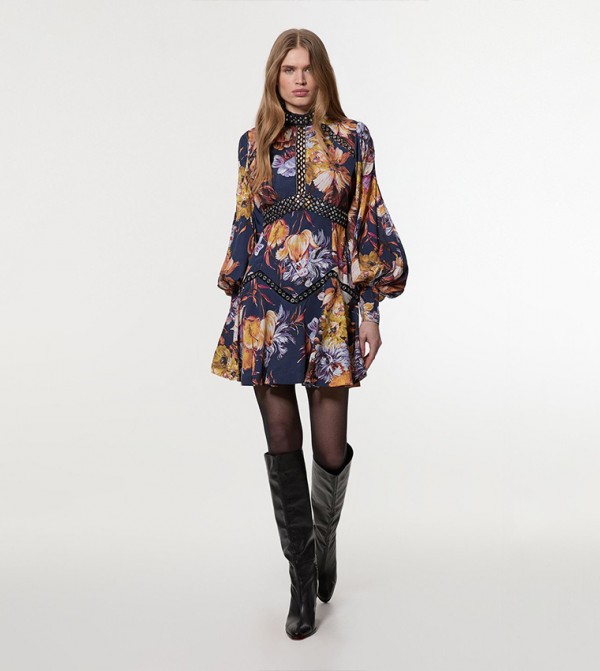 Floral Printed Studded Lace Woven Mini Dress
