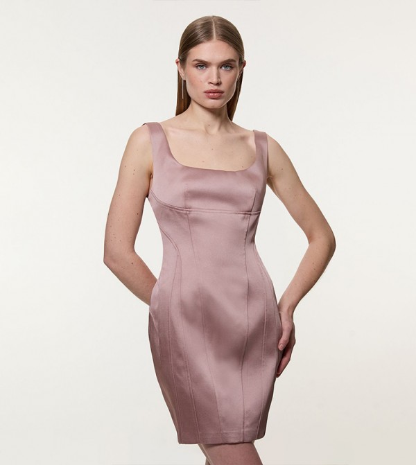 Viscose Satin Structured Tailored Seam Detail Mini Dress