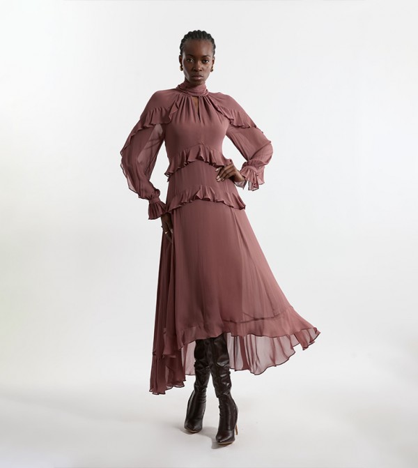 Viscose Georgette Ruffle Detail Woven Maxi Dress