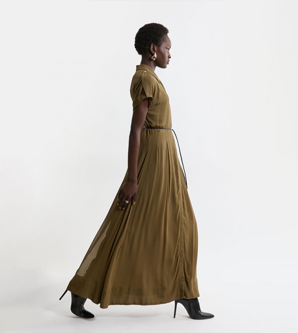 Pleated Woven Viscose Maxi Shirt Dress