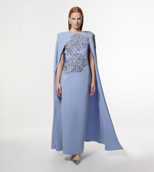 Placed Floral Printed Crystal Embellished Cape Maxi Dress