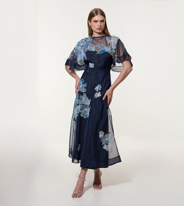 Petite Floral Printed Appliqued Organdie Woven Maxi Dress