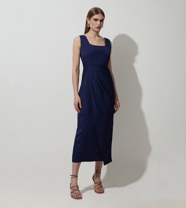 Tailored Viscose Linen Strappy Pleat Detail Midaxi Dress