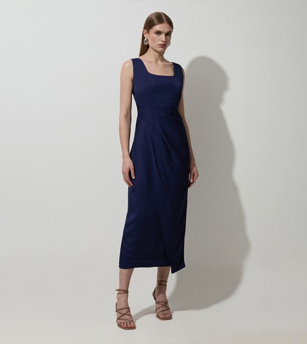 Petite Viscose Linen Strappy Pleat Detail Midaxi Dress