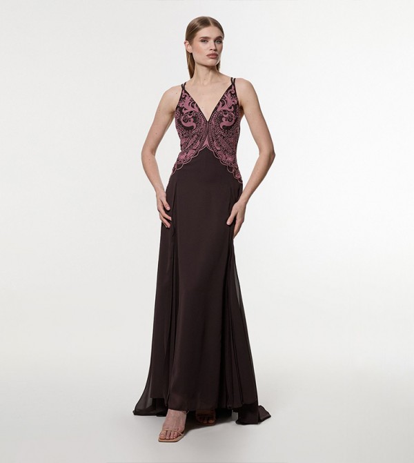 Cutwork Beaded Georgette Pleat Insert Woven Maxi Dress