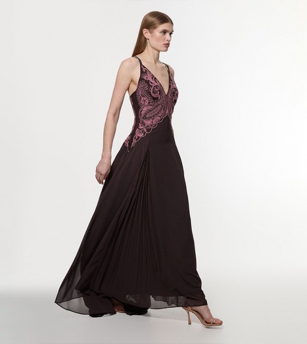Petite Cutwork Beaded Georgette Pleat Woven Maxi Dress
