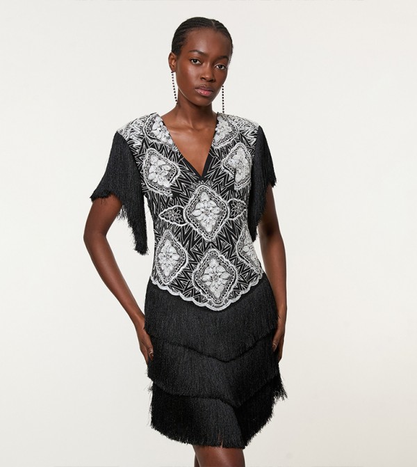 Petite Embellished Fringe Strappy Woven Mini Dress