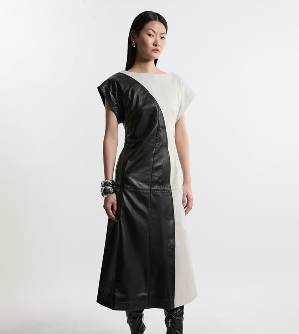 Leather Color Block Midi Dress