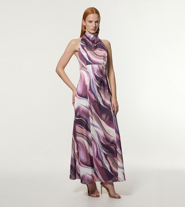 Tall Graduated Striped Viscose Satin Halter Neck Dress