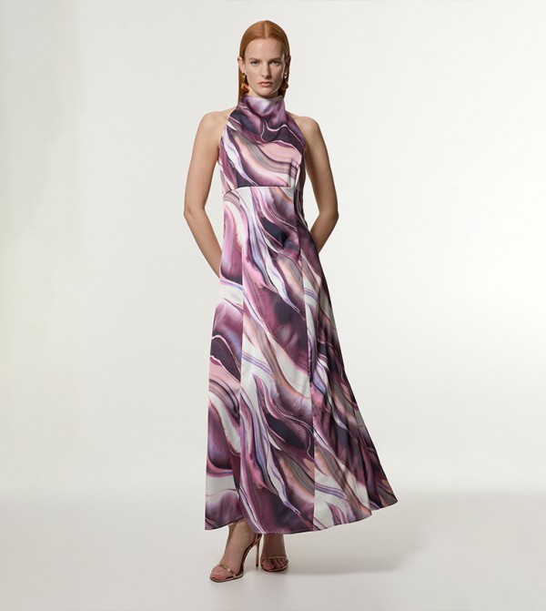 Graduated Striped Viscose Satin Halter Neck Dress