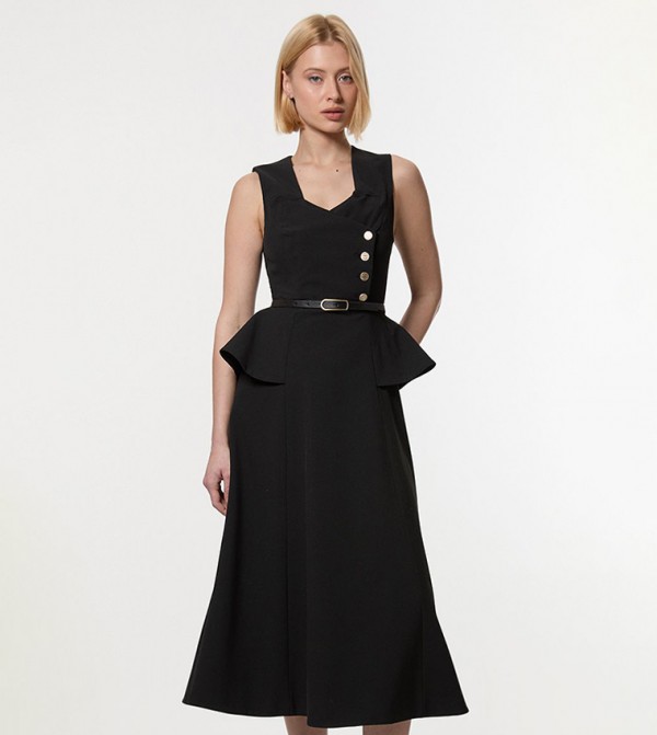 Belted Peplum Detail Flareded Midi Dress