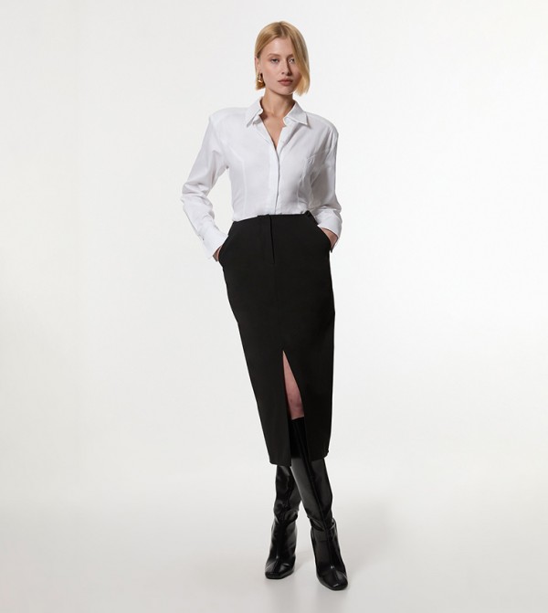 Compact Stretch Stab Stitch Tailored Pencil Midi Skirt
