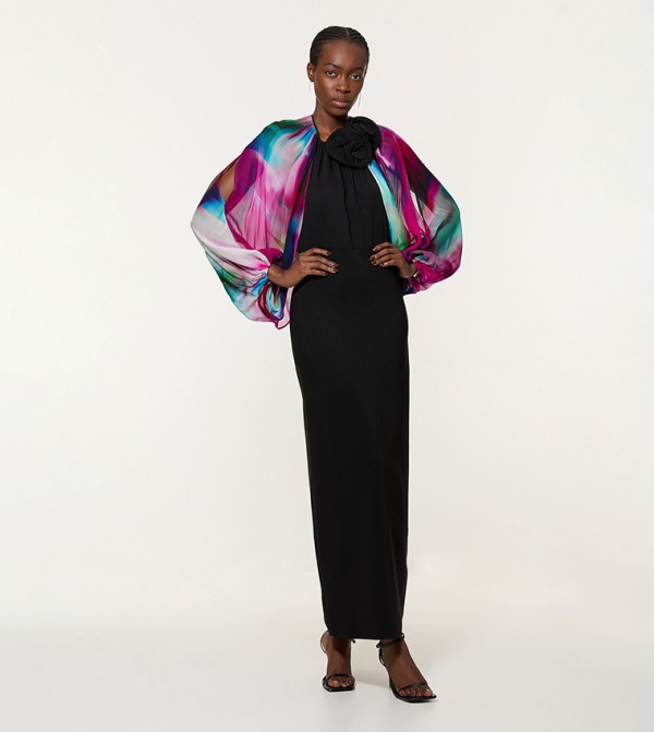 Tall Printed Cape Sleeves Maxi Dress