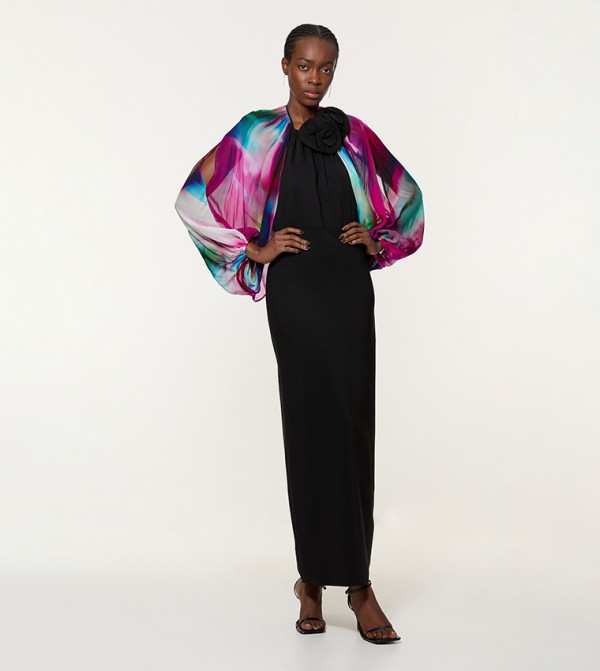 Printed Viscose Cady Cold Shoulder Maxi Dress