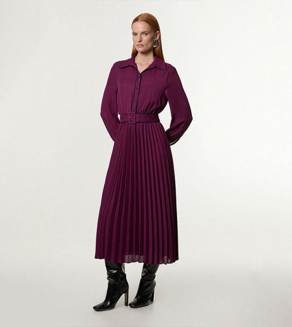 Georgette Pleated Woven Belted Midi Dress