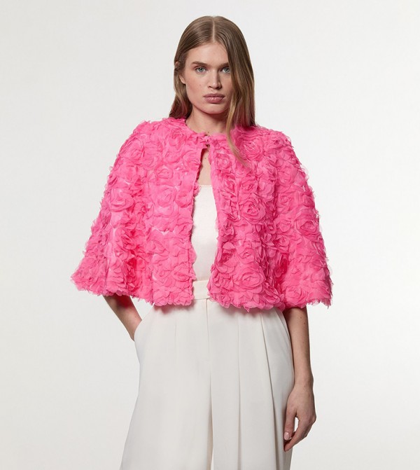 KAREN MILLEN☆Textured Rosette Woven Cape 2色【UK発】 Textured Rosette Woven Cropped Cape | Karen Millen