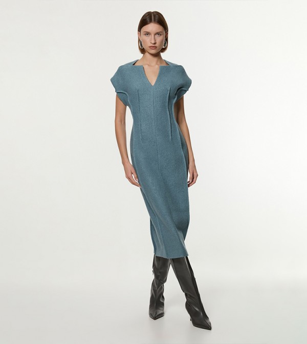 Textured Wool Blend Darted Tailored Midi Dress