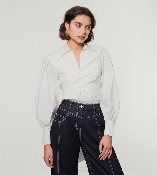 Tall Balloon Sleeves Woven Wrap Detail Top