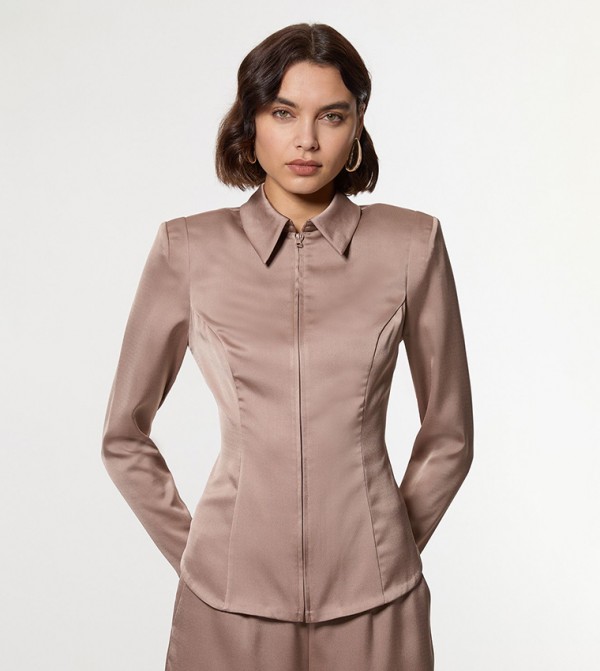 Petite Satin Back Crepe Strong Shoulder Woven Zip Front Top