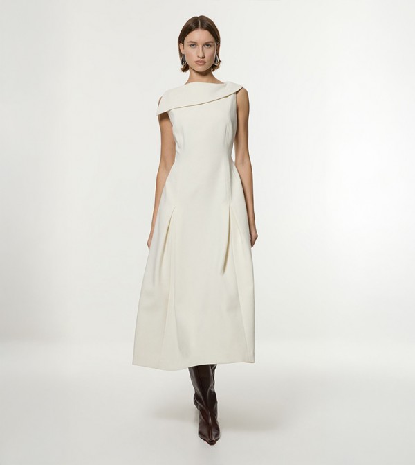 Asymmetric Neck Tailored Flareded Dress